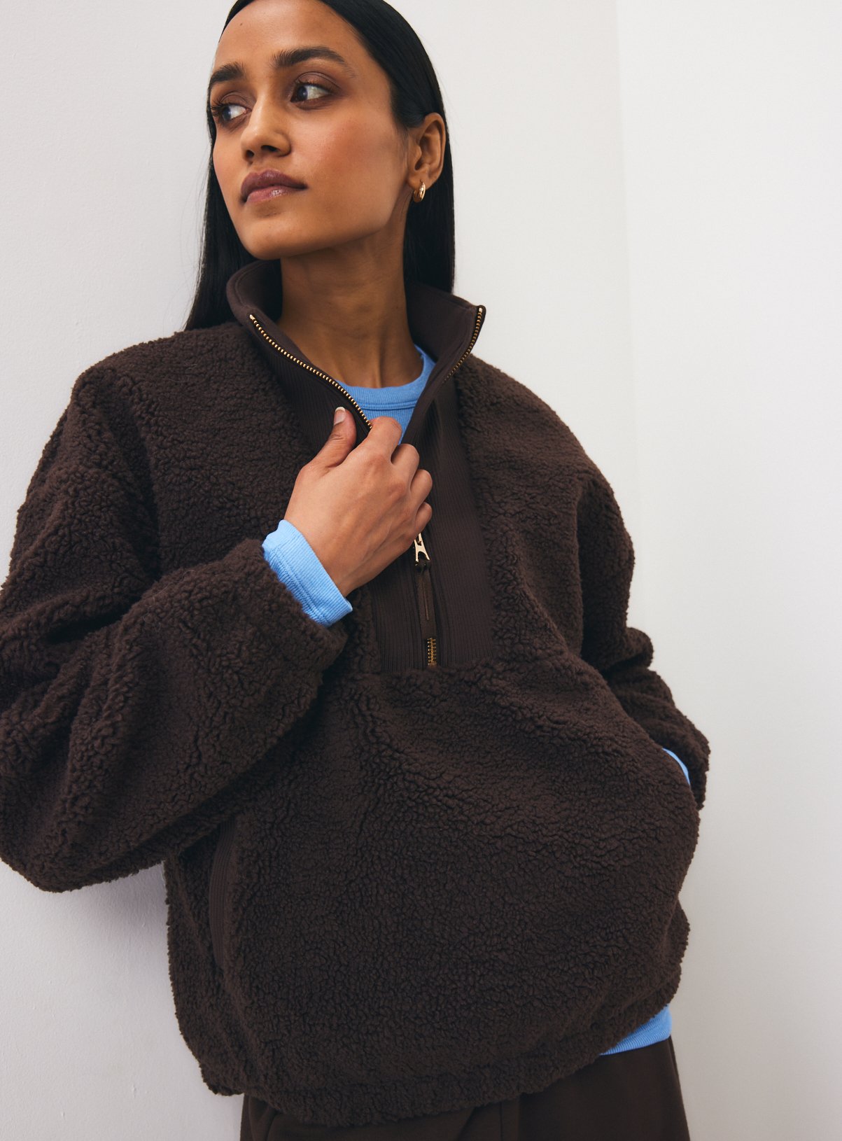 Dark Brown Borg Fleece Half-Zip Jacket M - Image 1 thumbnail